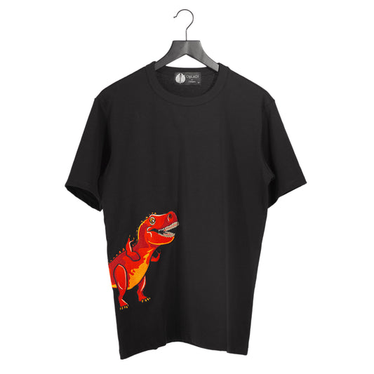 Embroidery Dinosaur on Black T-Shirt