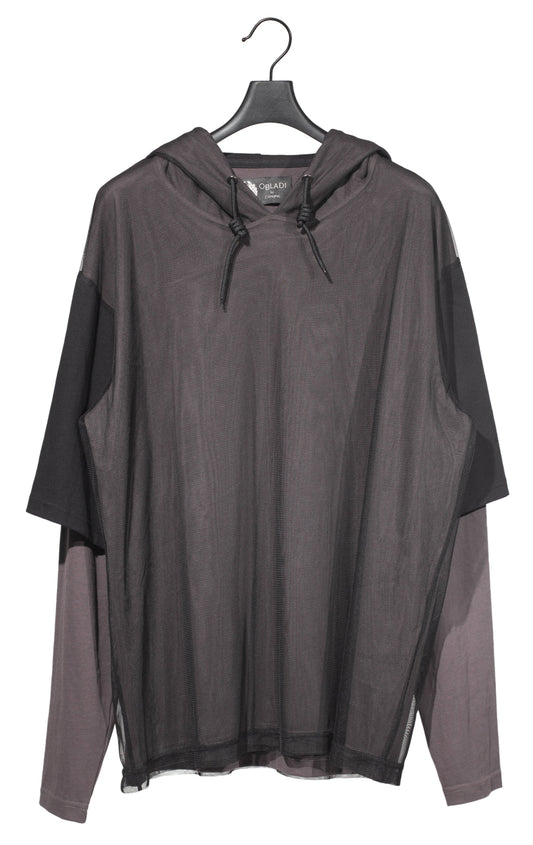 T-shirt a rete a due strati esterna con cappuccio oversize grigio