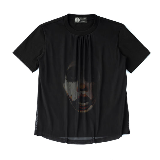 Clown Face Printing Behind Curtain Black Mesh on Black T-shirt