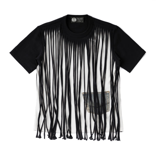 Two-Layer Fringe-Cut T-Shirt With Jeans Pocket