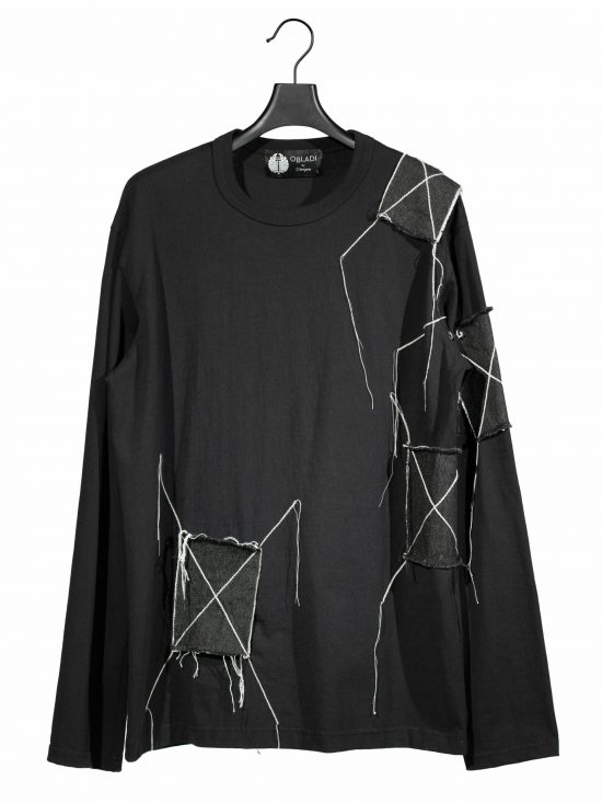 Denim rectangle patchwork long sleeves t-shirt
