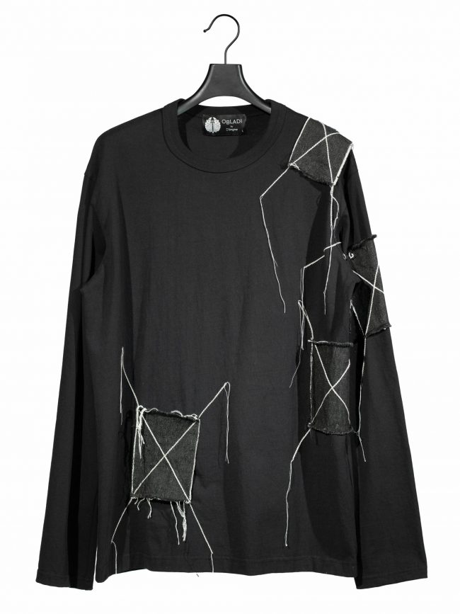 Denim rectangle patchwork long sleeves t-shirt