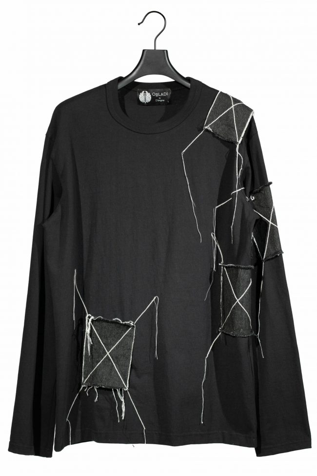 Denim rectangle patchwork long sleeves t-shirt