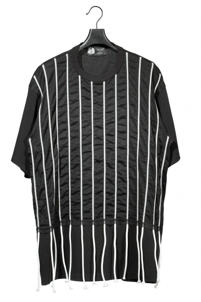 Lace stripe under black mesh t-shirt